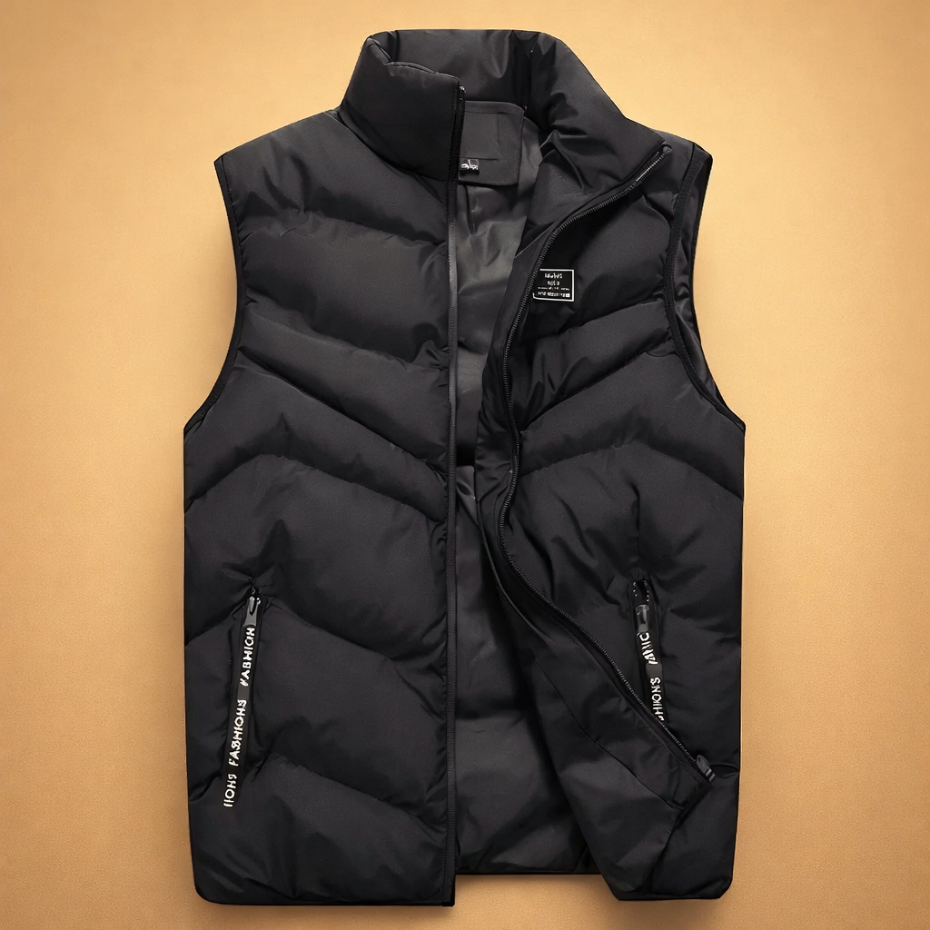 Insulating men's puffer vest for cold weather. A versatile, modern fit sleeveless jacket for layering.
