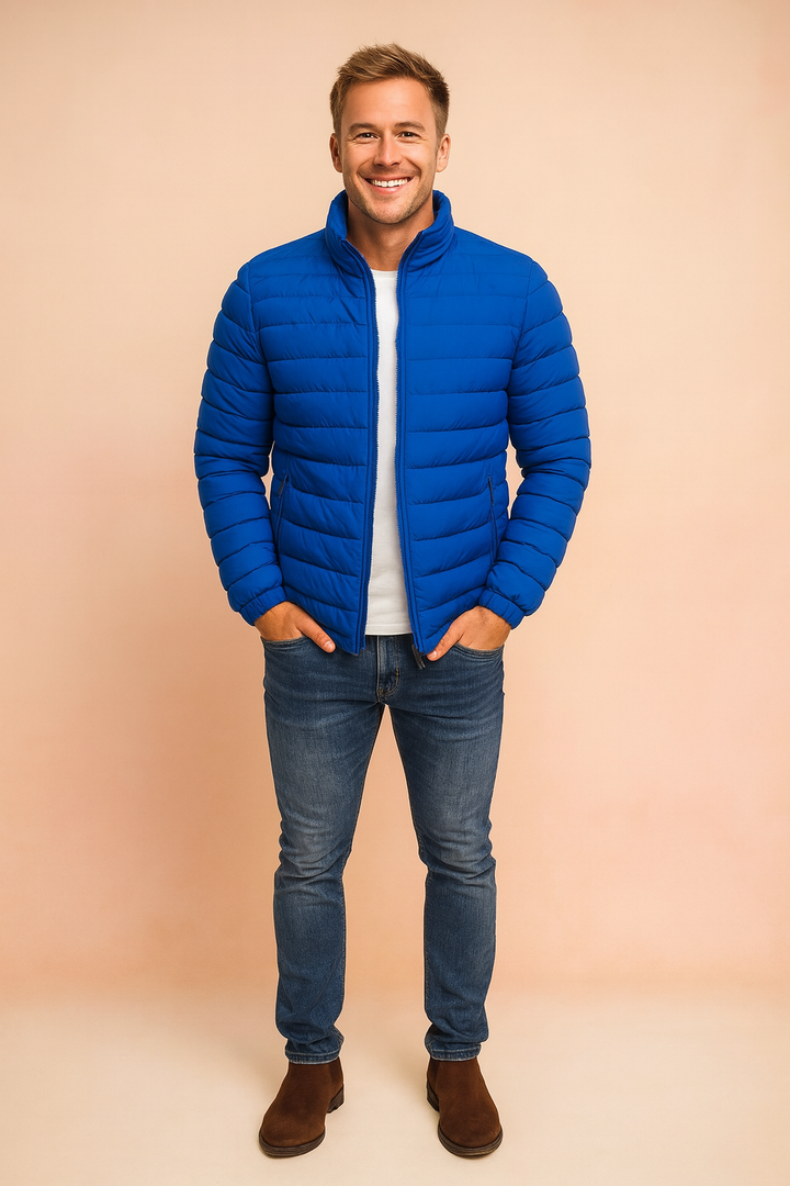 Men's quilted winter puffer jacket for ultimate warmth. Insulated cold-weather outerwear, stylish men's fashion.