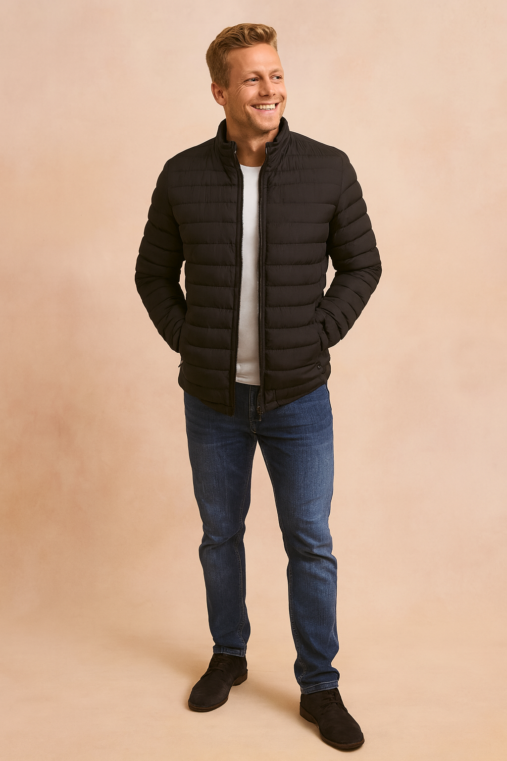 Stylish men's puffer jacket, quilted design for casual winter wear. Warm insulated outerwear, perfect for cold weather.