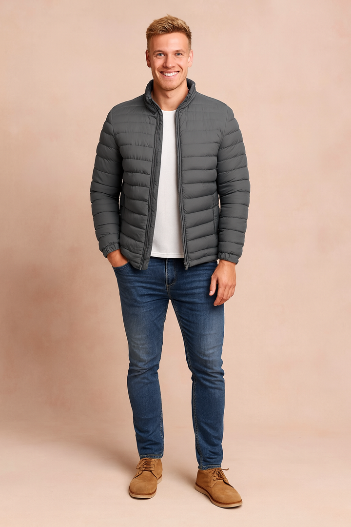 Close-up of a men's quilted puffer jacket, showing insulation for warmth. Perfect cold-weather casual outerwear.