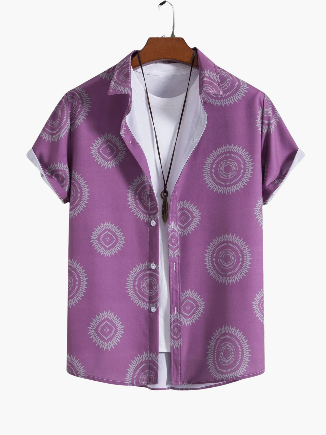 Men's red-violet Hawaiian shirt with vibrant tropical print, perfect for summer casual wear or beach vacation.