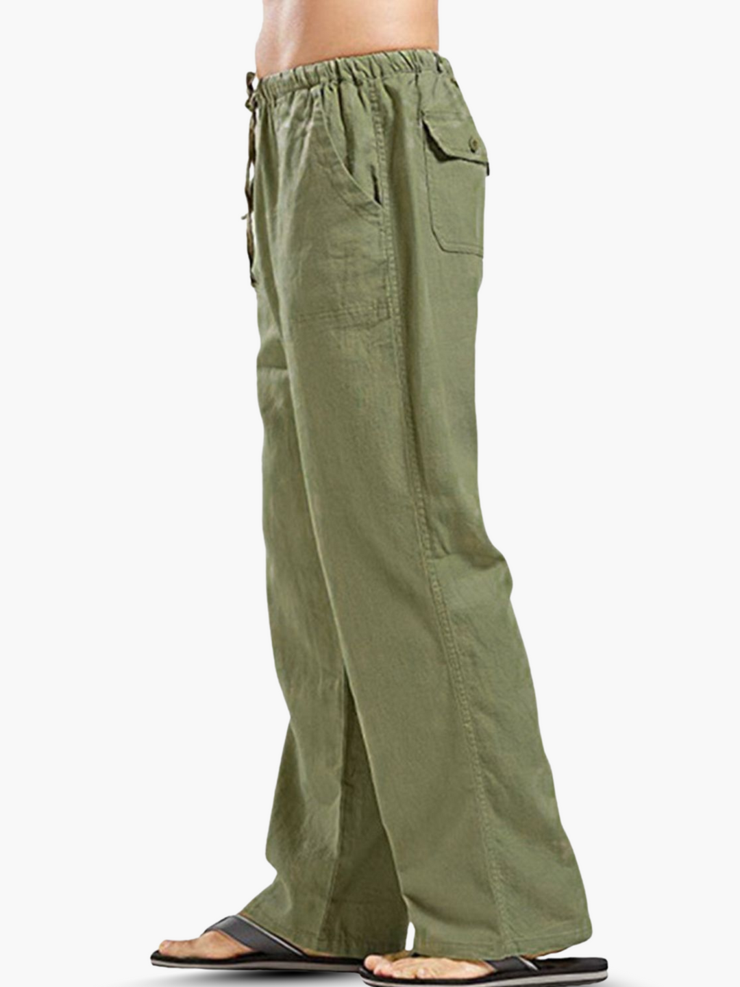 Comfortable men's lounge pants with an elastic waist and drawstring, ideal for relaxing or travel.
