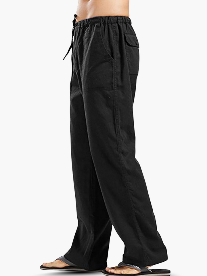 Stylish men's casual wide leg pants with a drawstring waist, offering a relaxed fit for summer fashion.
