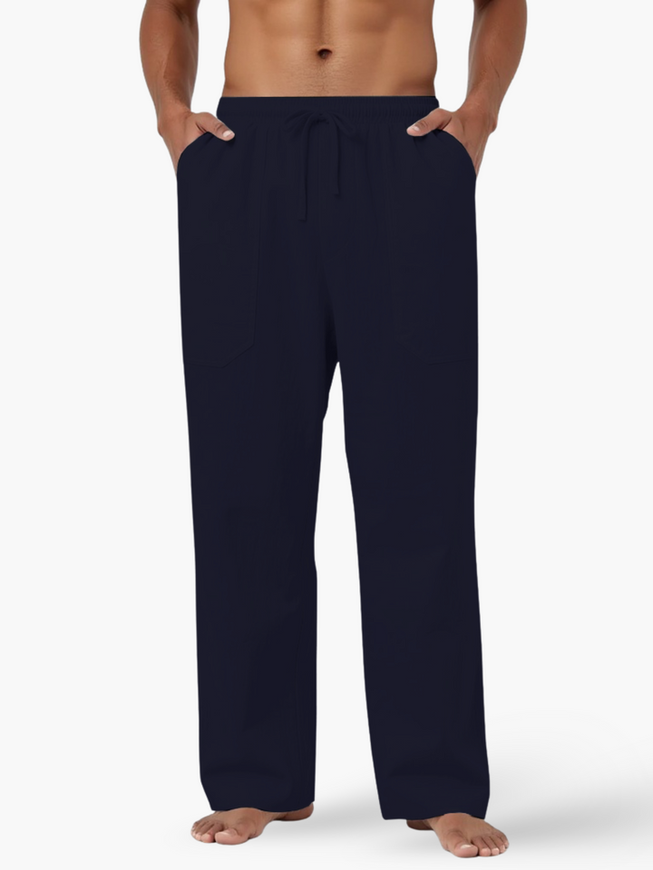 Men's versatile relaxed fit pants with drawstring waist, suitable for resort style, beach, lounge & casual wear.