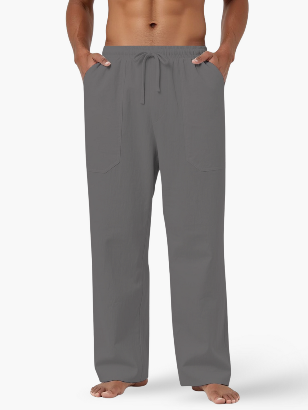 Men's resort style relaxed fit drawstring pants, ideal casual trousers for summer, beach, and everyday comfort.