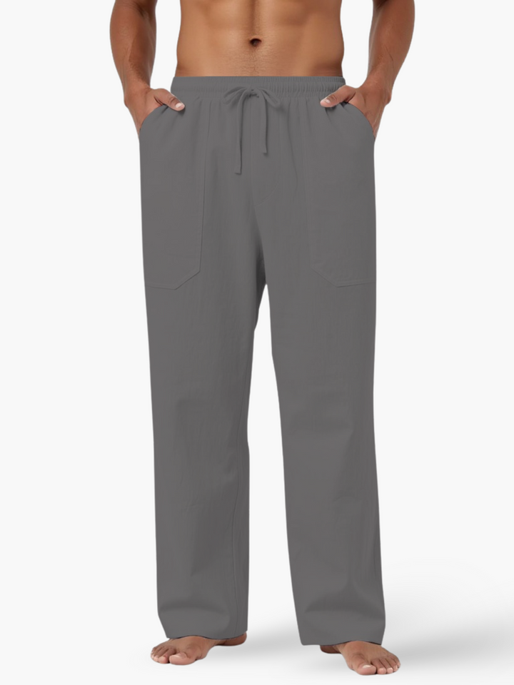 Men's resort style relaxed fit drawstring pants, ideal casual trousers for summer, beach, and everyday comfort.
