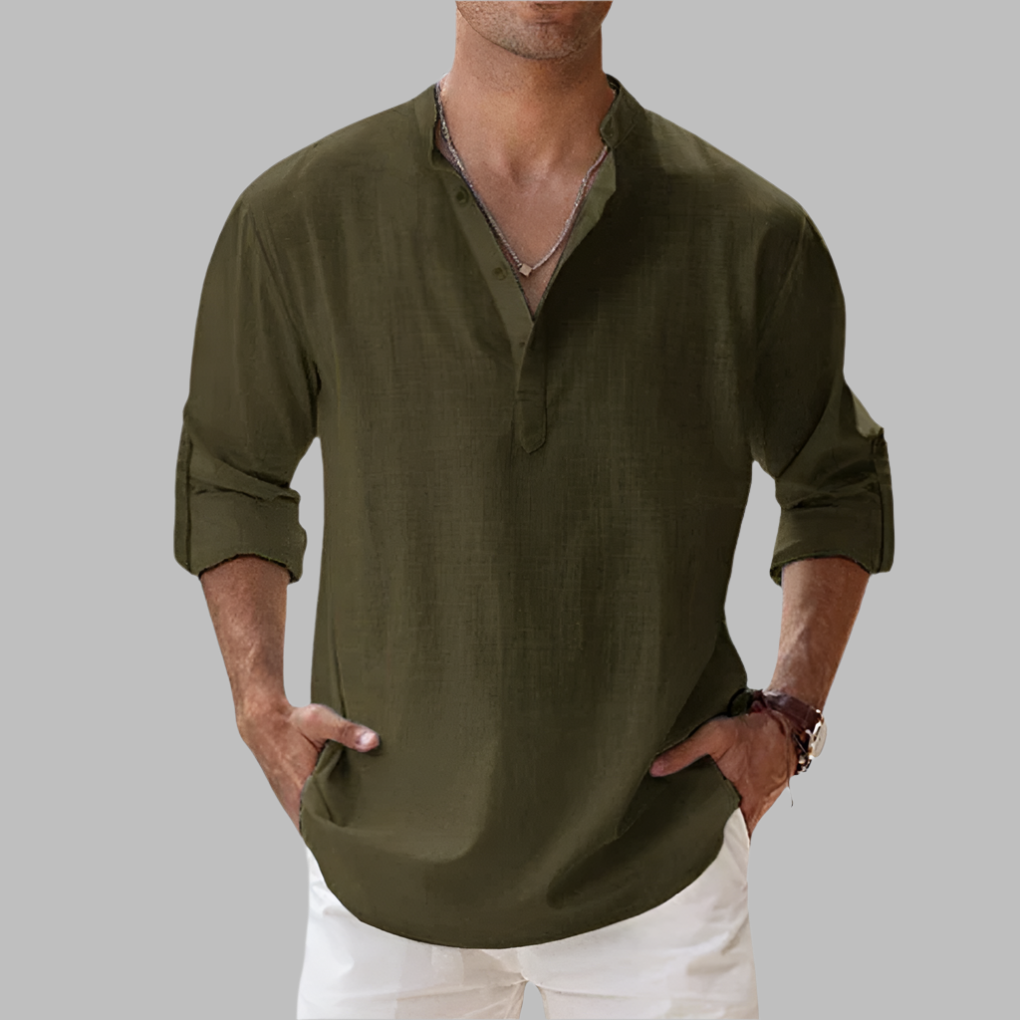 Men's relaxed fit long sleeve button-down summer shirt. Casual, breathable, perfect for warm weather & holidays.