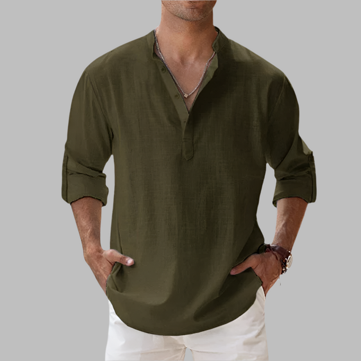Men's relaxed fit long sleeve button-down summer shirt. Casual, breathable, perfect for warm weather & holidays.