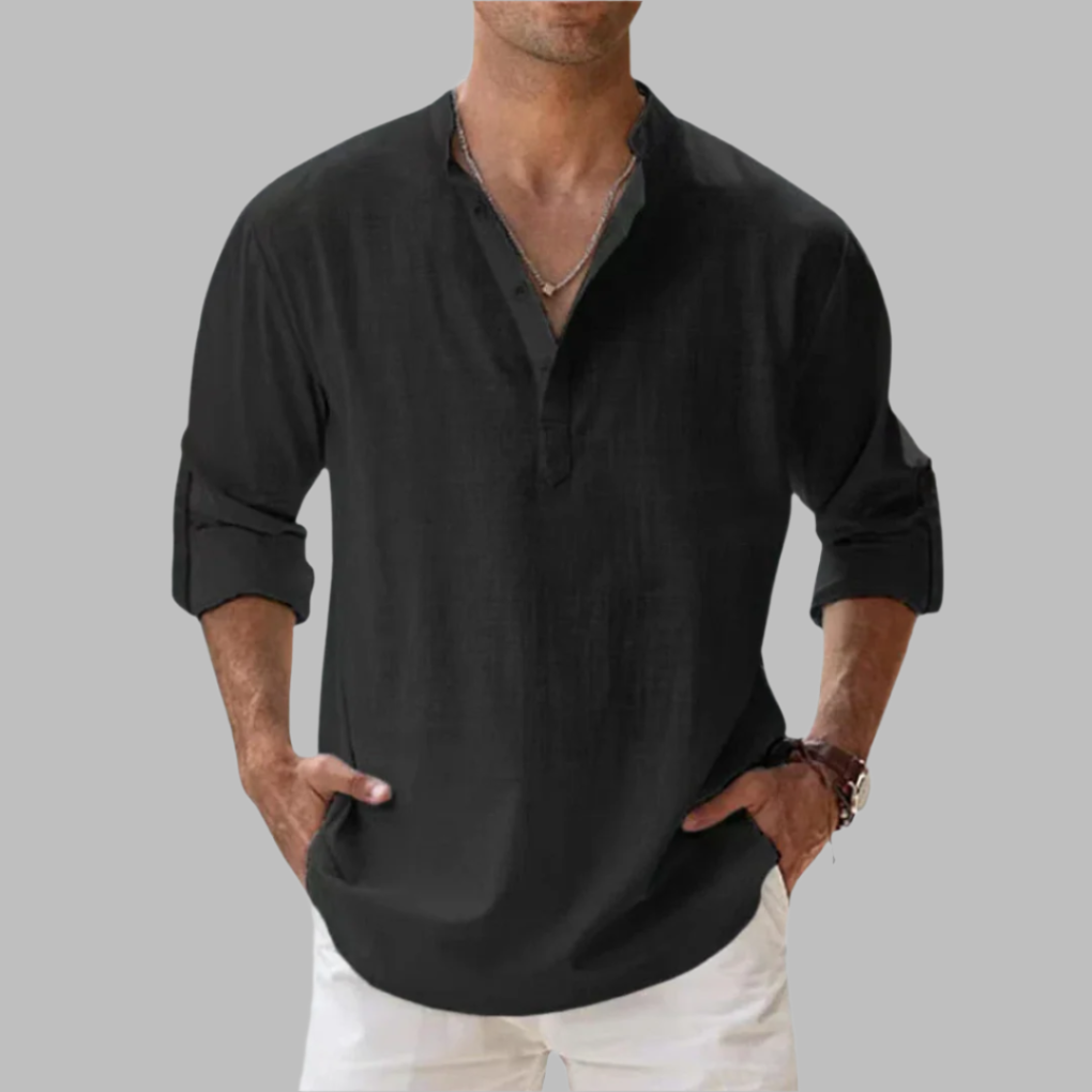 Stylish men's relaxed fit breathable long sleeve collared button-down summer shirt, perfect for warm weather.
