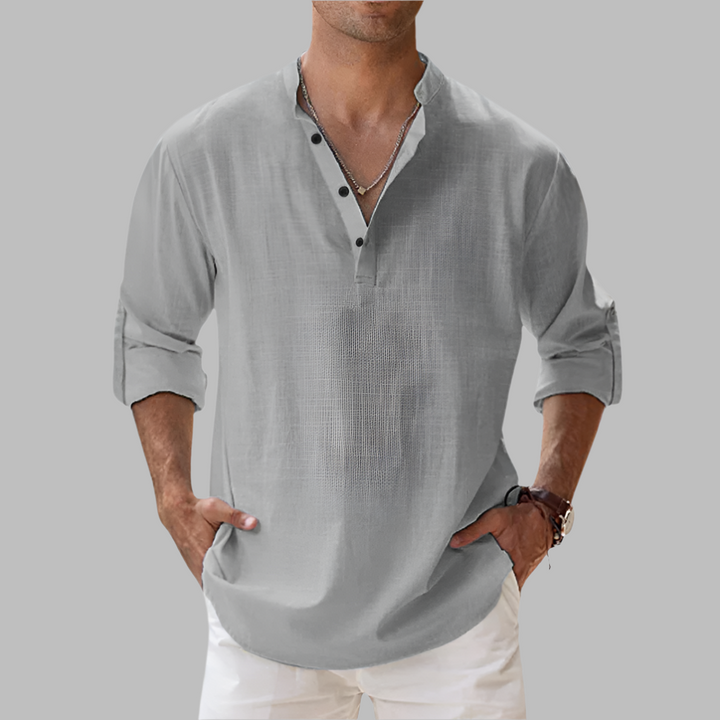 Versatile men's summer shirt, relaxed fit long sleeve button-down, ideal for beach outfits, vacation, or holidays.