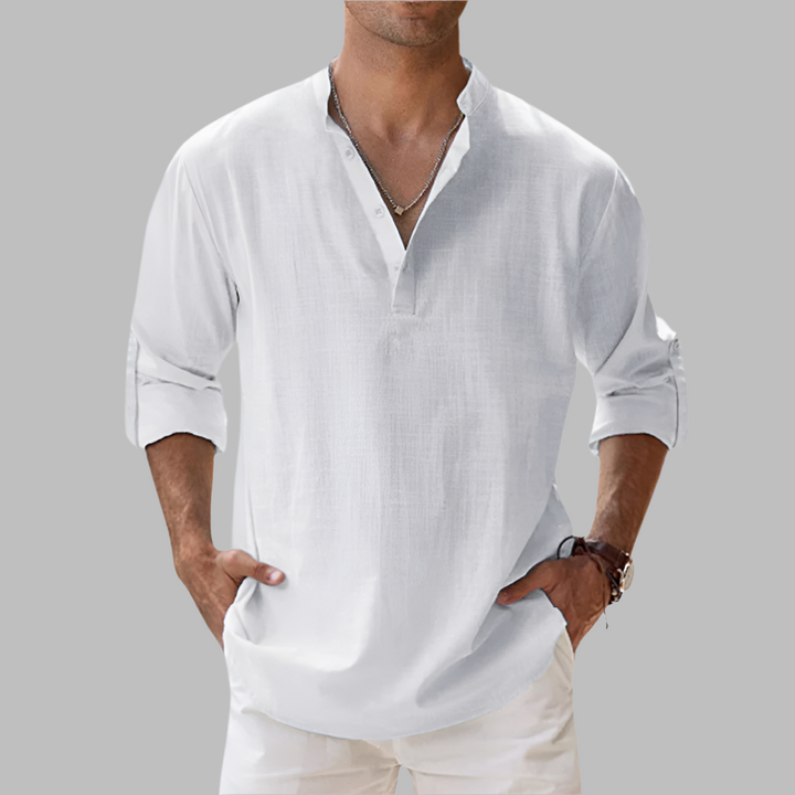 Classic men's relaxed fit long sleeve collared button-down summer shirt, breathable and stylish for warm weather.
