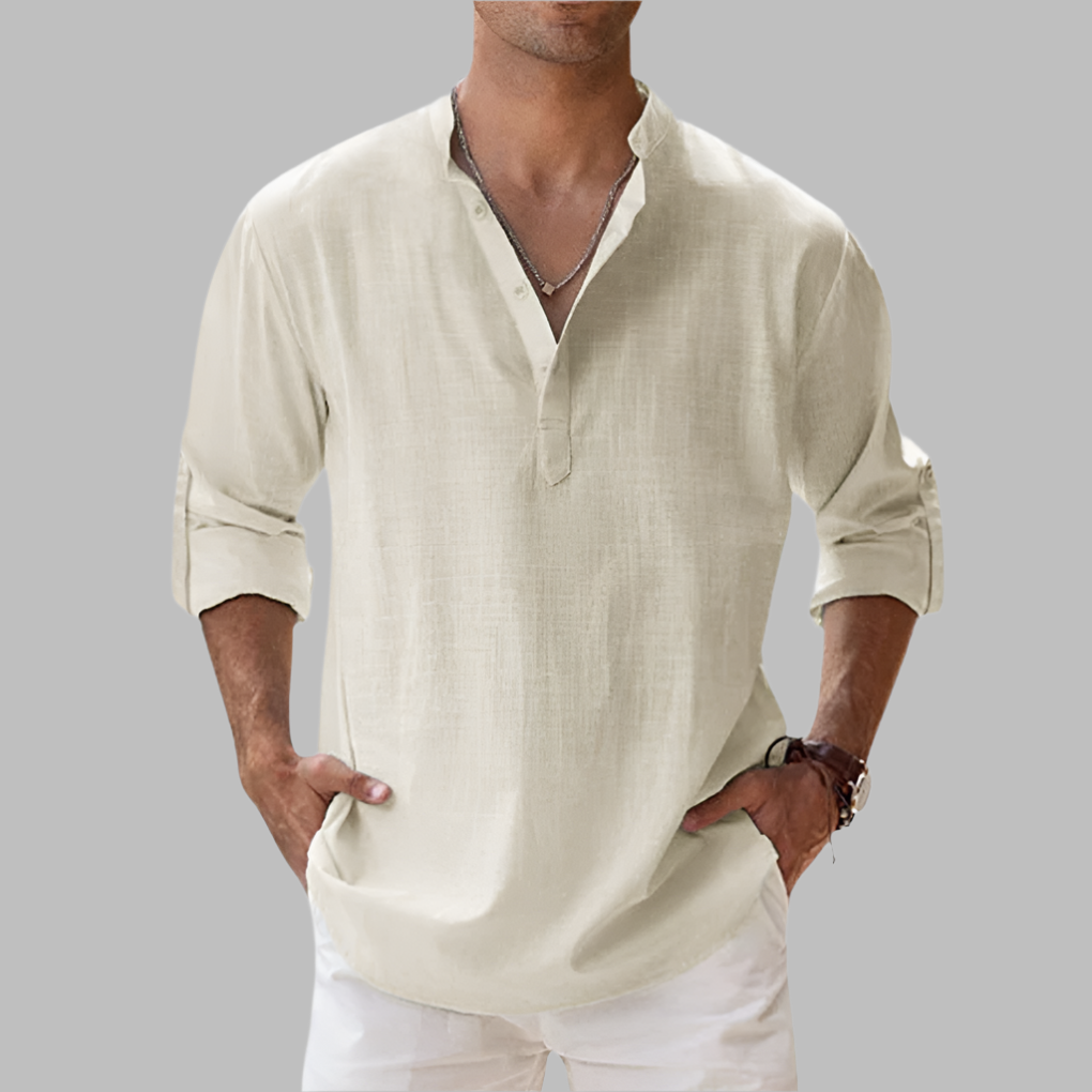 Men's stylish relaxed fit long sleeve collared button-down summer shirt for breathable casual wear & holidays.