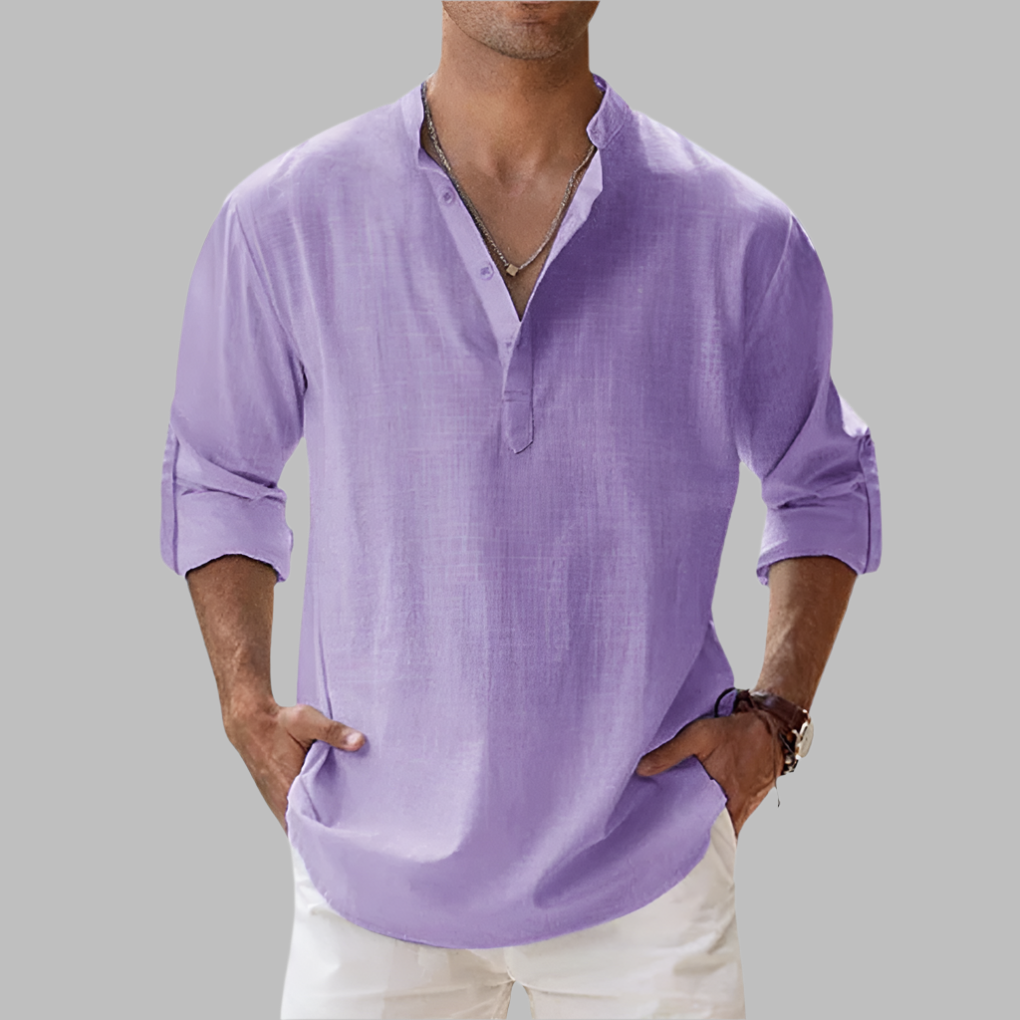 Relaxed fit men's long sleeve button-down summer shirt, perfect for warm weather vacation and beach outfits.