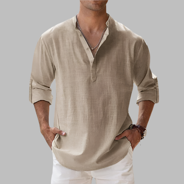 Fashionable men's relaxed fit long sleeve button-down summer shirt, ideal for stylish casual and vacation outfits.