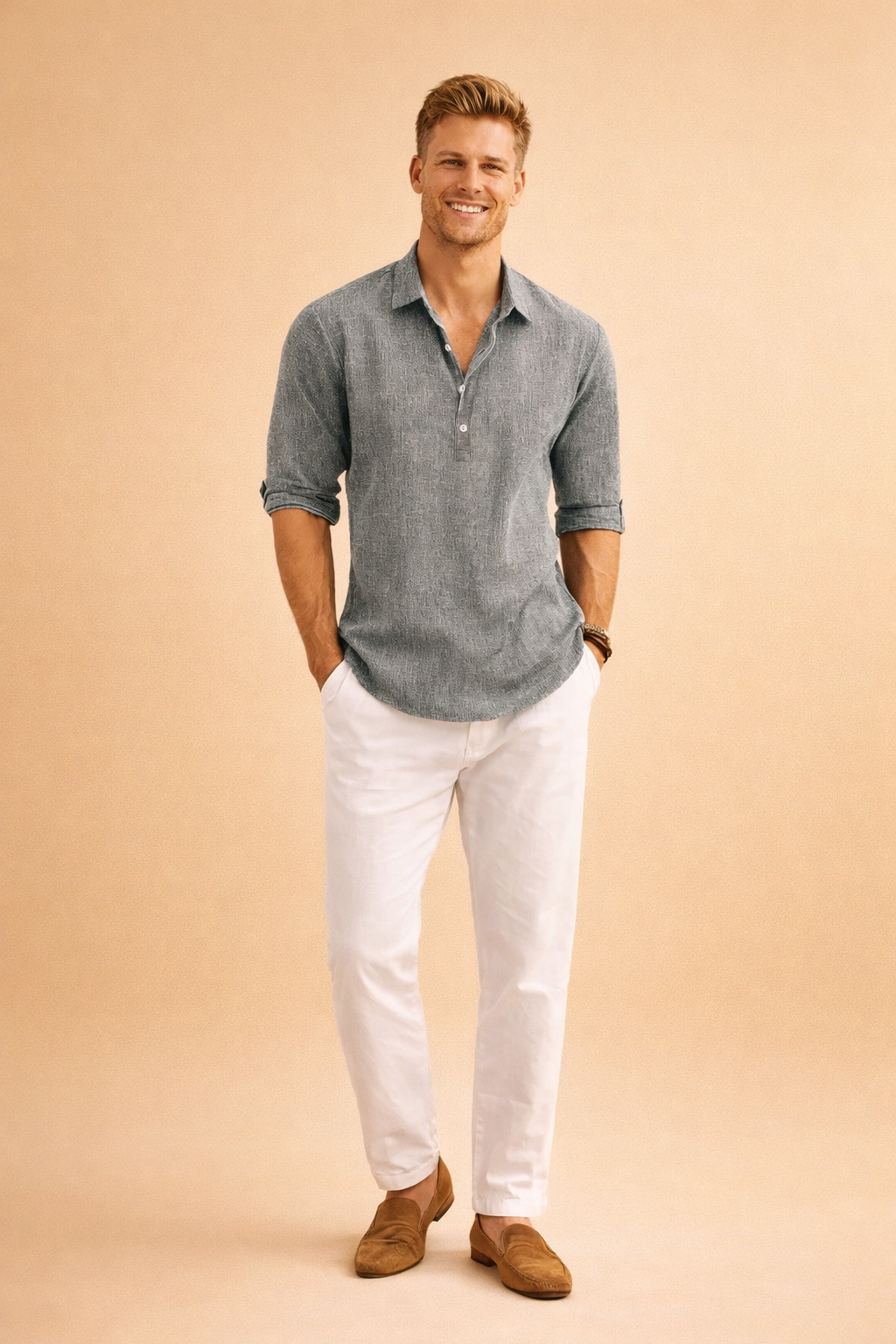 Lightweight men's casual button-down shirt with a loose, relaxed fit, ideal for summer fashion and comfort.