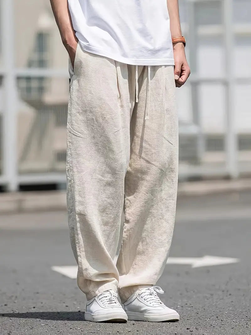 Men's relaxed fit summer trousers in khaki, ideal for comfortable casual wear and holiday outfits.