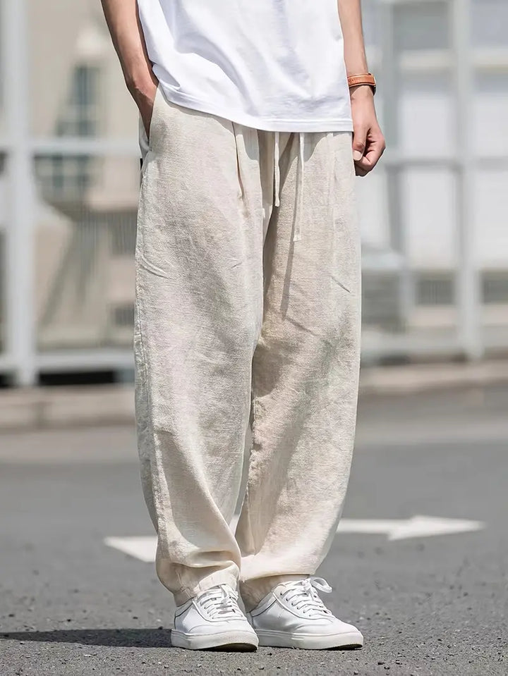 Men's relaxed fit summer trousers in khaki, ideal for comfortable casual wear and holiday outfits.