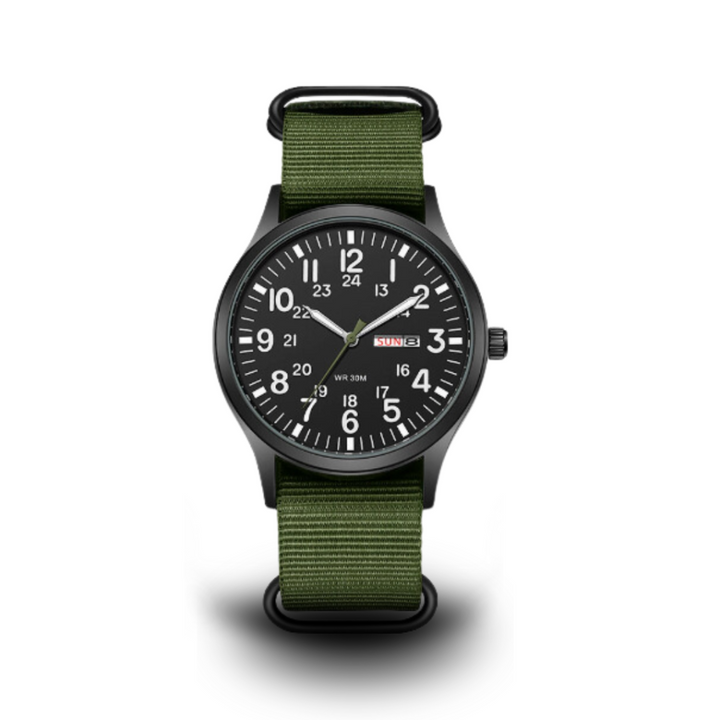 Men's robust outdoor military watch with a durable black casing & luminous dial. Perfect rugged sports watch for adventure.
