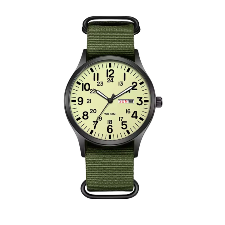Water-resistant men's military watch, rugged design for outdoor adventures. Features a tough strap & clear, luminous display.