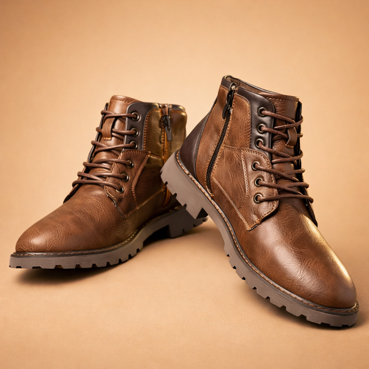 Men's rugged brown leather lace-up boots for everyday casual style, durable & comfortable ankle footwear.