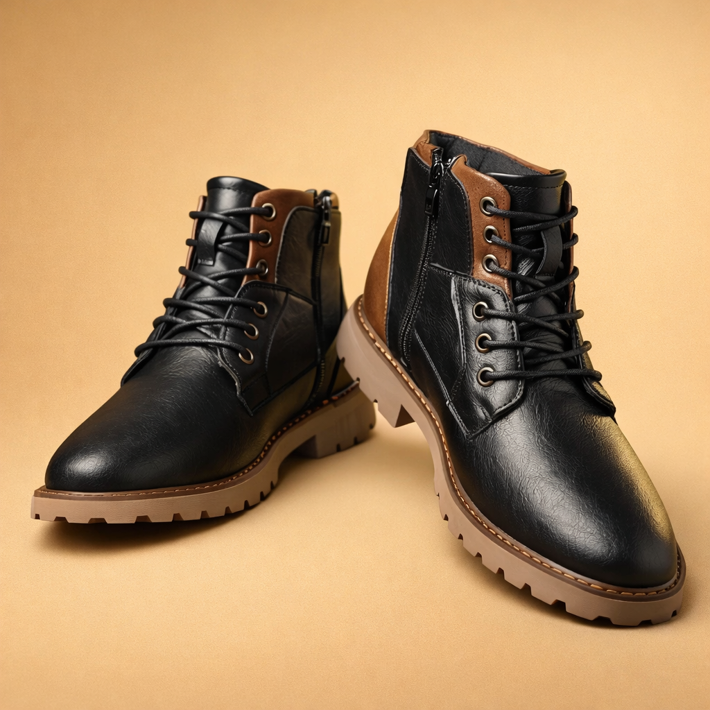 Black men's smart casual ankle boots, comfortable lace-up design for versatile everyday wear & durable style.