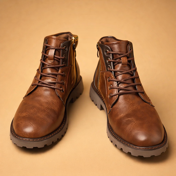 Stylish men's brown lace-up boots, rugged design for durable everyday wear, perfect for casual to smart looks.