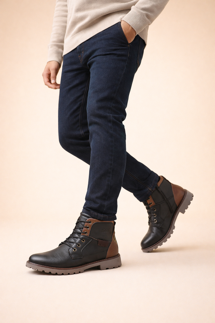 Rugged men's everyday lace-up boots in black, offering comfort and durable style for casual and smart occasions.