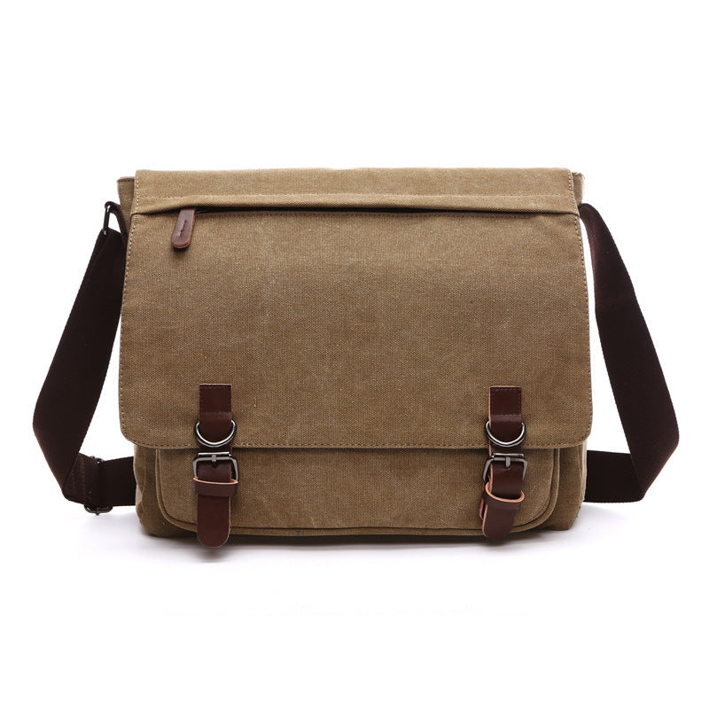 Men's rugged canvas shoulder bag in khaki, ideal for daily carry, work, or travel. Durable crossbody design.