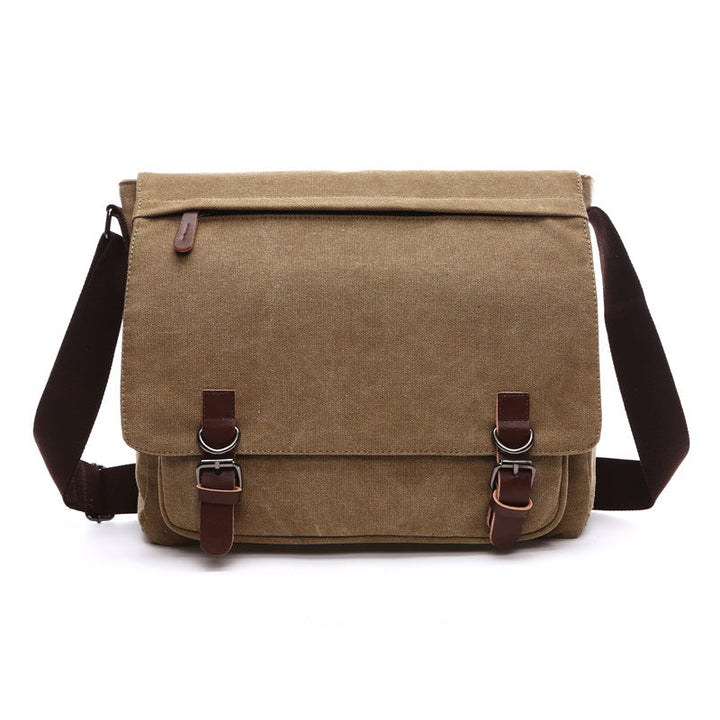 Men's rugged canvas shoulder bag in khaki, ideal for daily carry, work, or travel. Durable crossbody design.