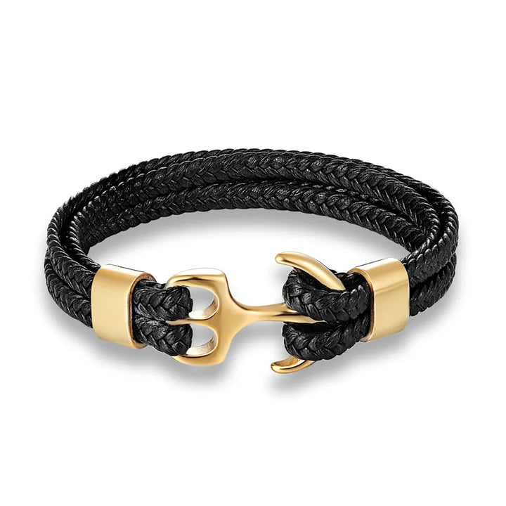 Men's rugged leather bracelet with a stainless steel nautical anchor clasp. Stylish men's accessory.