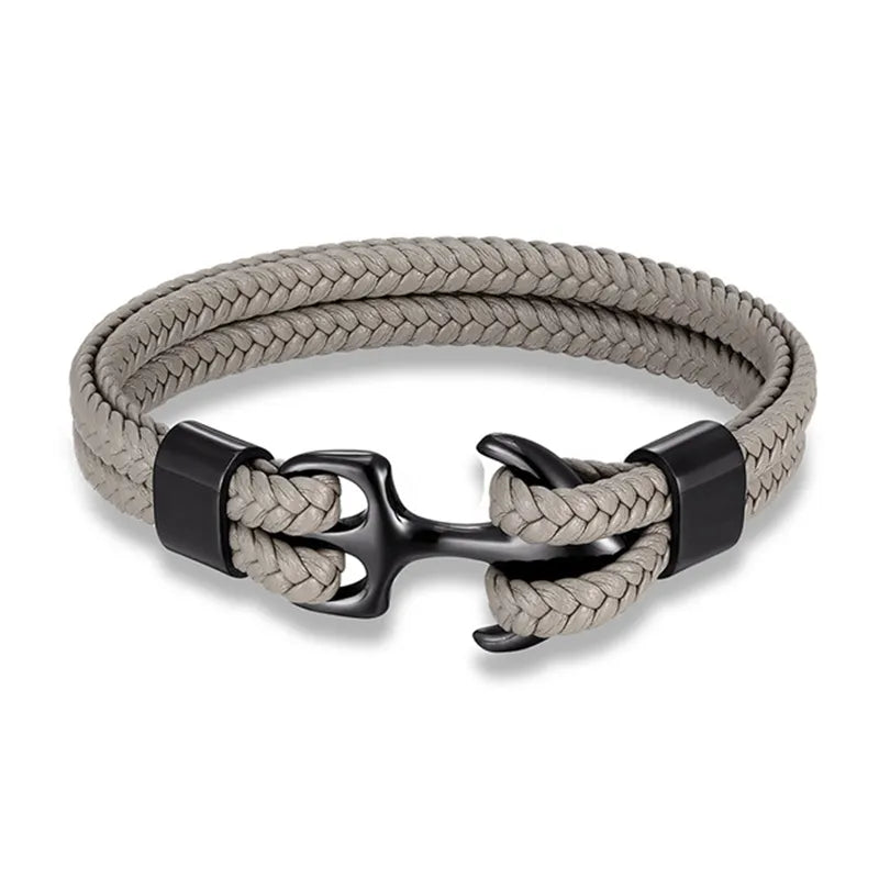 Versatile men's anchor bracelet, made from genuine leather and stainless steel, for a rugged, stylish look.