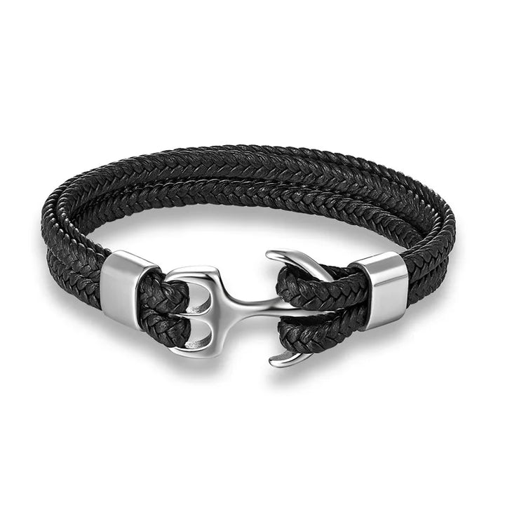 Dark brown leather bracelet for men, featuring a polished stainless steel anchor. Perfect nautical jewelry.