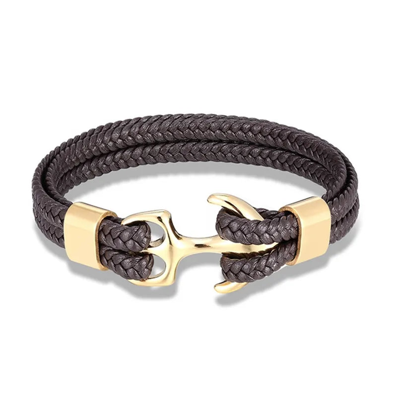 Close-up of a men's nautical anchor leather bracelet, showcasing its unique design and rugged appeal.