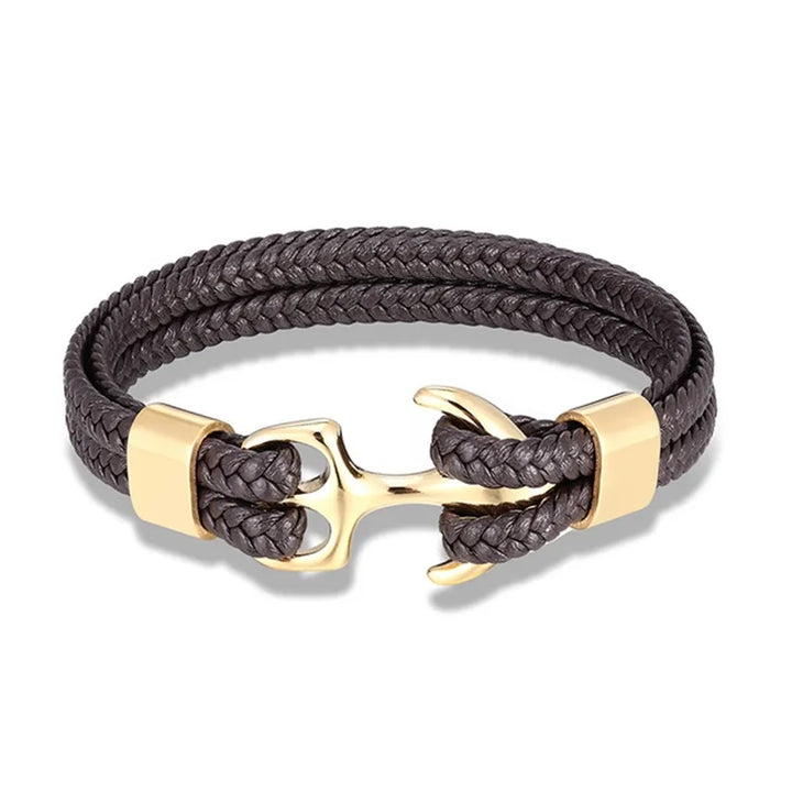 Close-up of a men's nautical anchor leather bracelet, showcasing its unique design and rugged appeal.