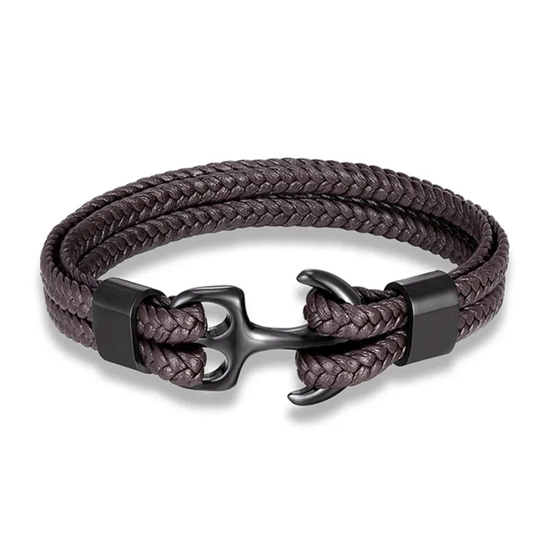 Braided black leather men's bracelet, secured with a durable stainless steel nautical anchor clasp.