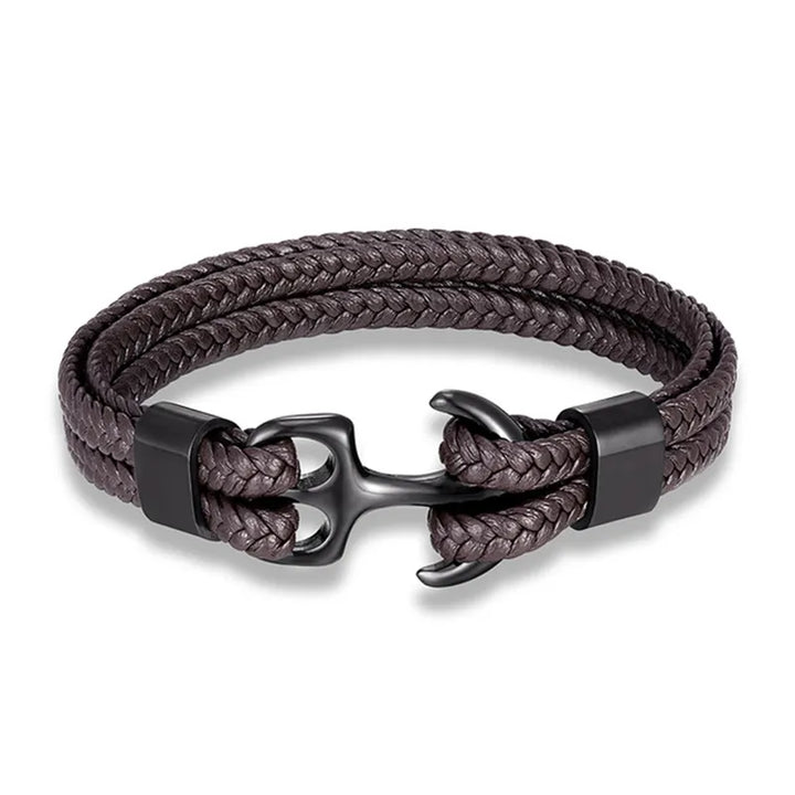 Braided black leather men's bracelet, secured with a durable stainless steel nautical anchor clasp.