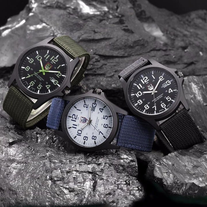 Men's rugged military watch with a bright, illuminated dial, perfect for tactical outdoor adventures and low light.