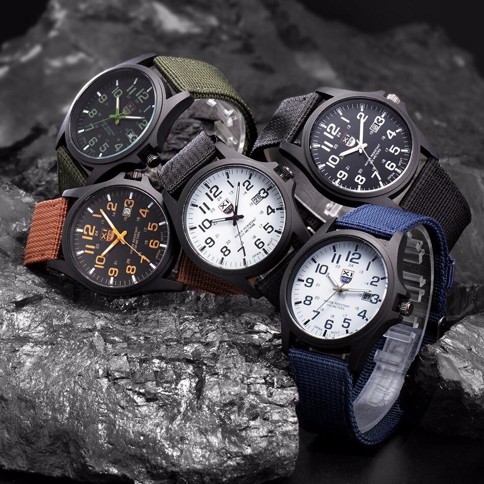 Durable men's tactical watch, water-resistant with a precise quartz movement and illuminated display for rugged outdoor use.