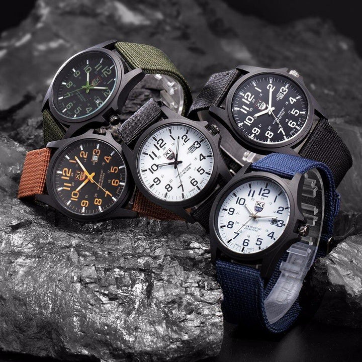 Durable men's tactical watch, water-resistant with a precise quartz movement and illuminated display for rugged outdoor use.