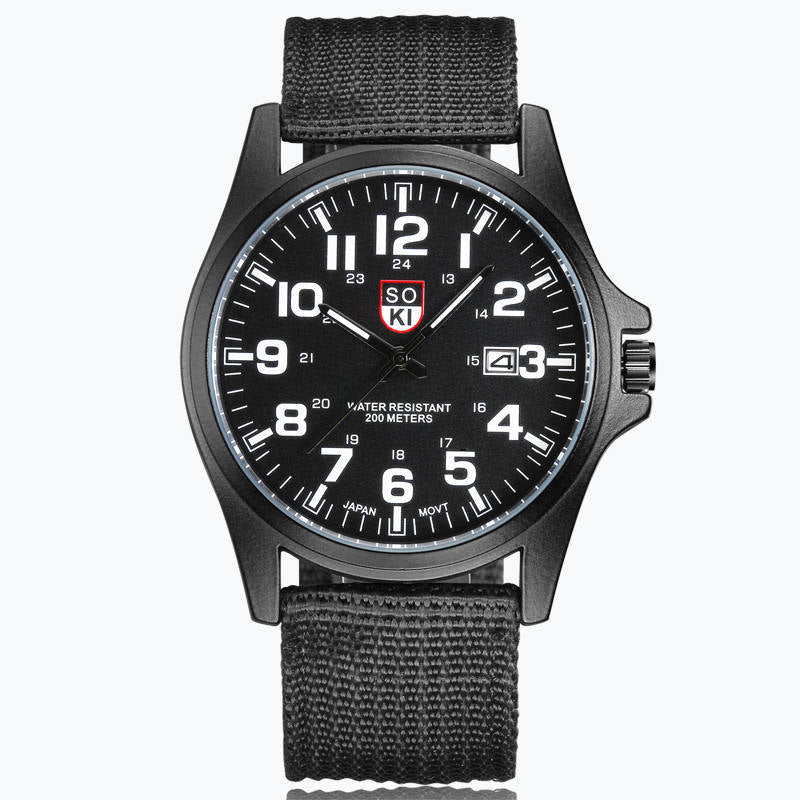 Rugged men's outdoor watch, military-grade durable timepiece with an illuminated dial and reliable quartz movement.