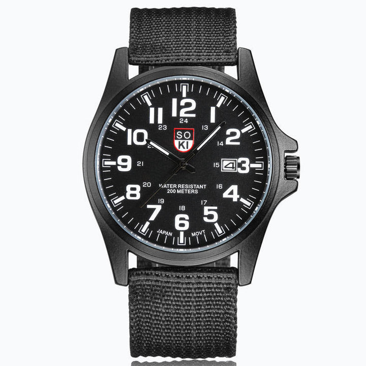 Rugged men's outdoor watch, military-grade durable timepiece with an illuminated dial and reliable quartz movement.