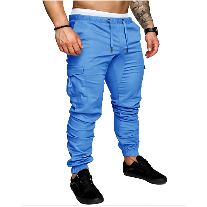 Streetwear men's cargo joggers, featuring multi-pockets & rugged design.