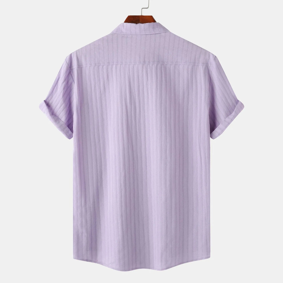 Collared men's button-down shirt, short sleeves. Ideal for smart casual summer fashion & comfort.