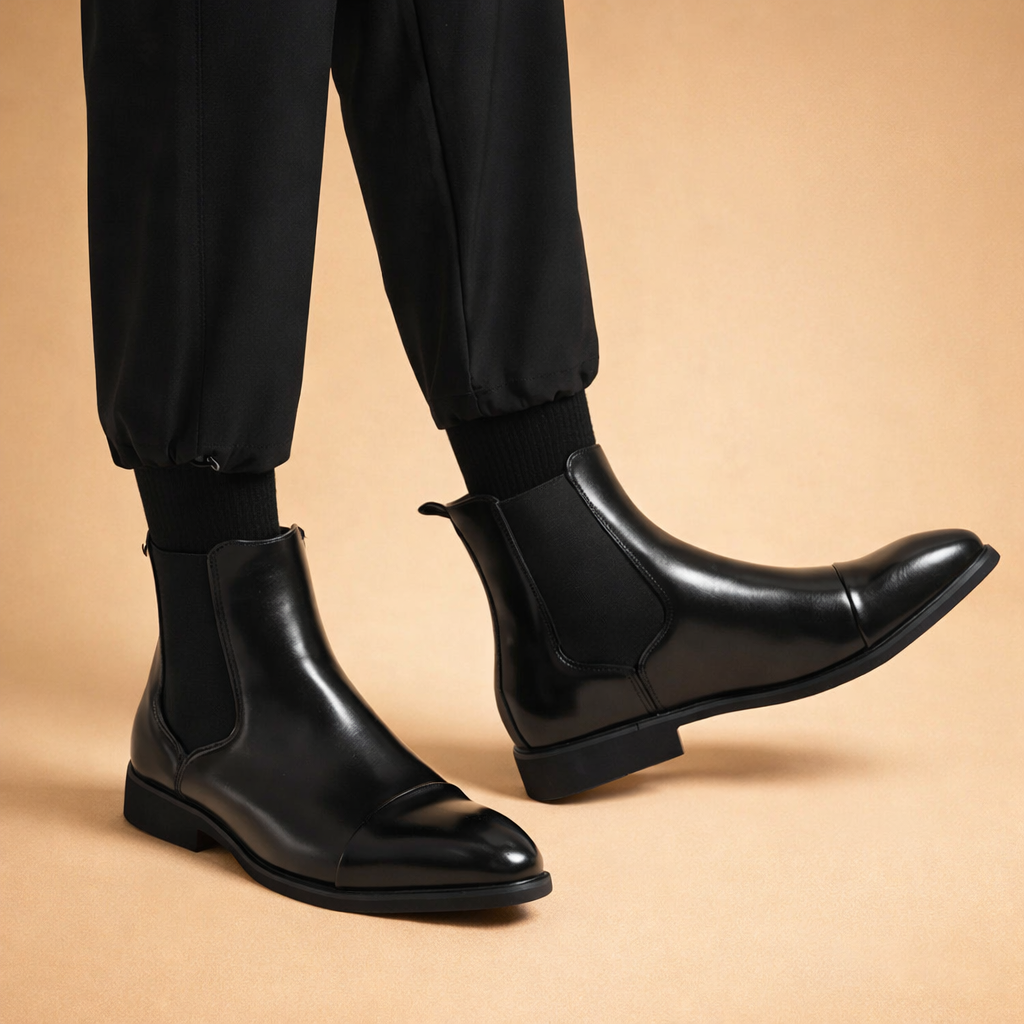 Refined men's dark leather Chelsea boots featuring elastic side panels and sleek cap toe for easy slip-on style.