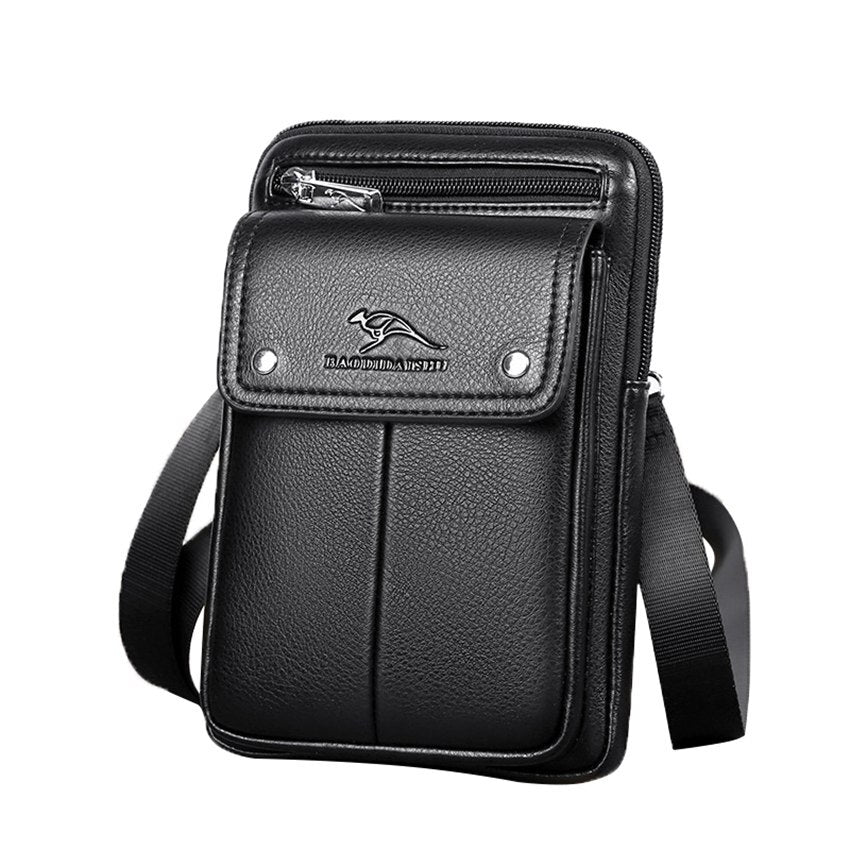 Men's sleek black PU leather crossbody bag, perfect for daily essentials and modern style.