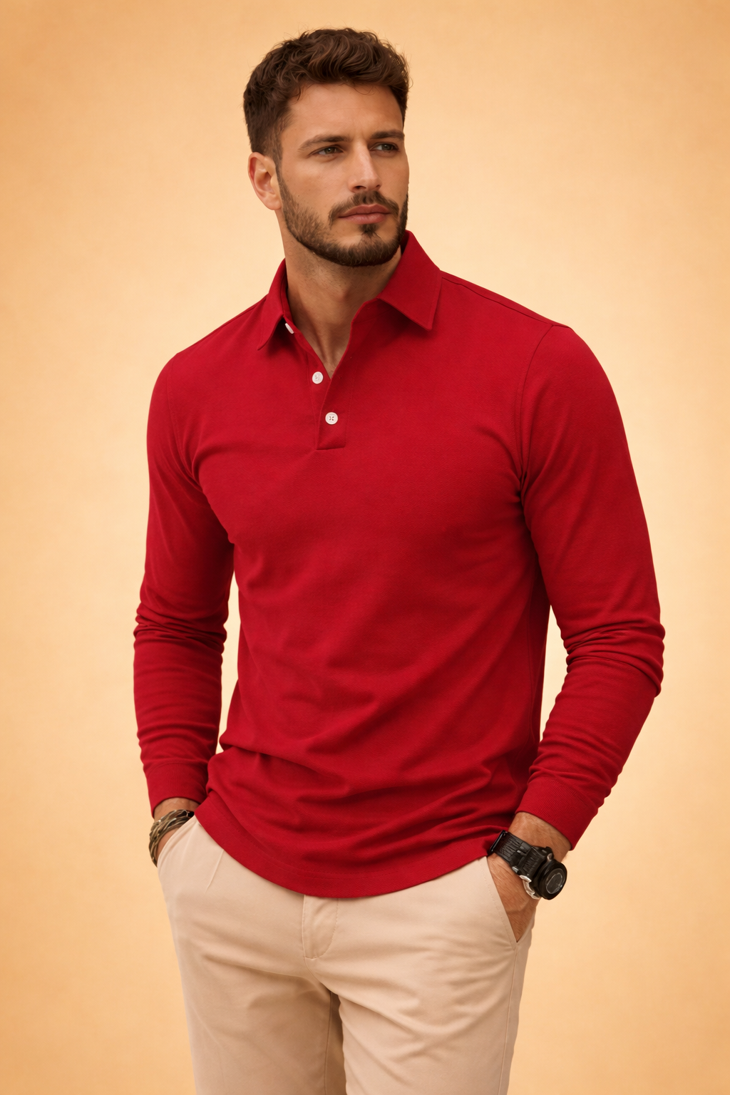 Men's slim fit long sleeve polo shirt with a modern collar & button placket, perfect for tailored casual wear.