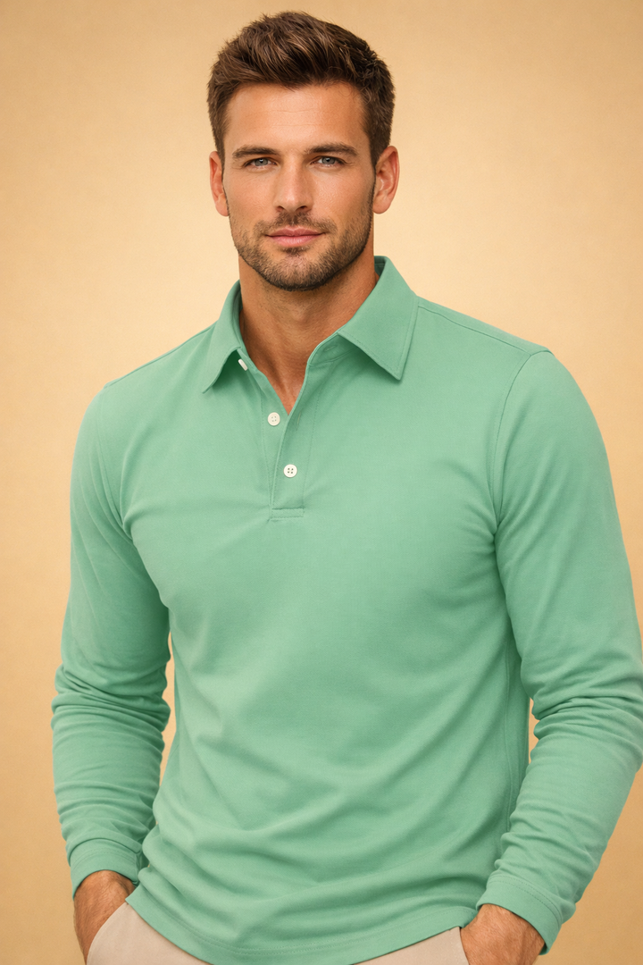 Versatile men's long sleeve polo, slim fit & modern style for smart casual or everyday wear. A fashion essential.