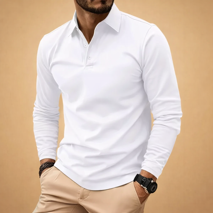 Stylish men's slim fit long sleeve polo shirt, featuring a crisp modern collar & a classic button placket.