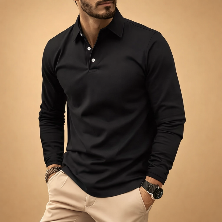 Man wearing a modern slim fit long sleeve polo shirt, ideal for casual office or weekend style. Tailored fit.