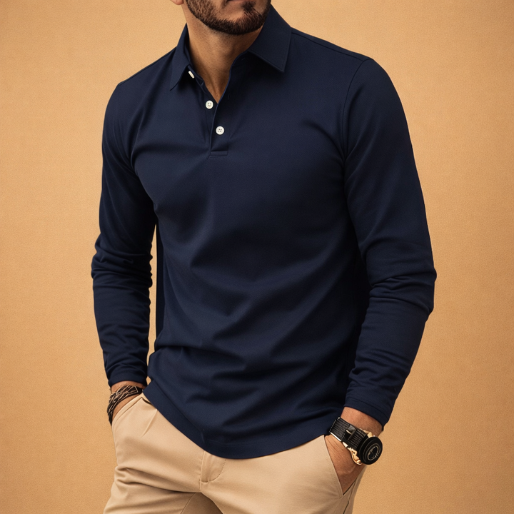Premium men's long sleeve polo shirt, slim fit design for a modern tailored look. Essential for men's casual fashion.